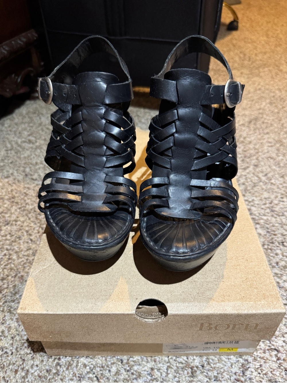 Born Black Leather Woven Ankle-Strap Wedge Sandals